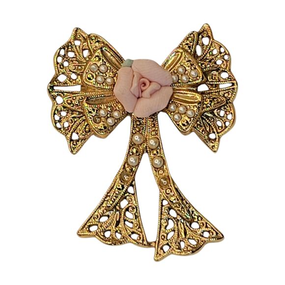 VTG 1928 BROOCH PIN Gold Filigree Ribbon Bow PINK PORCELAIN ROSE Seed Pearls - Picture 5 of 6